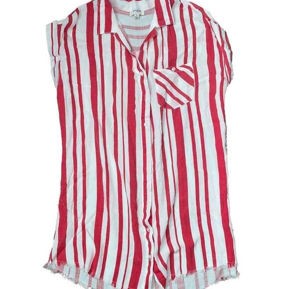 Umgee USA Dresses & Skirts - Umgee USA Red & White Stripe V Neck Pocket Shirt Dress with Frayed Bottom